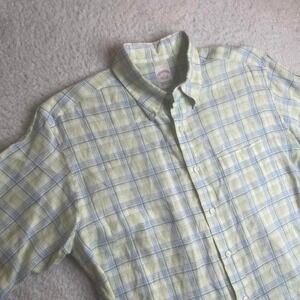 Brooks brothers men yellow blue plaid 100% Irish linen short sleeve button up L